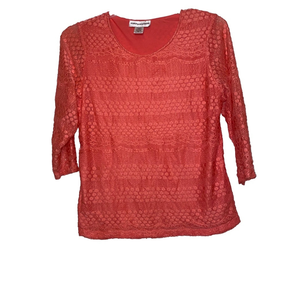 Women's Cathy Daniels 3/4 Sleeve Blouse Top XL Coral Lace